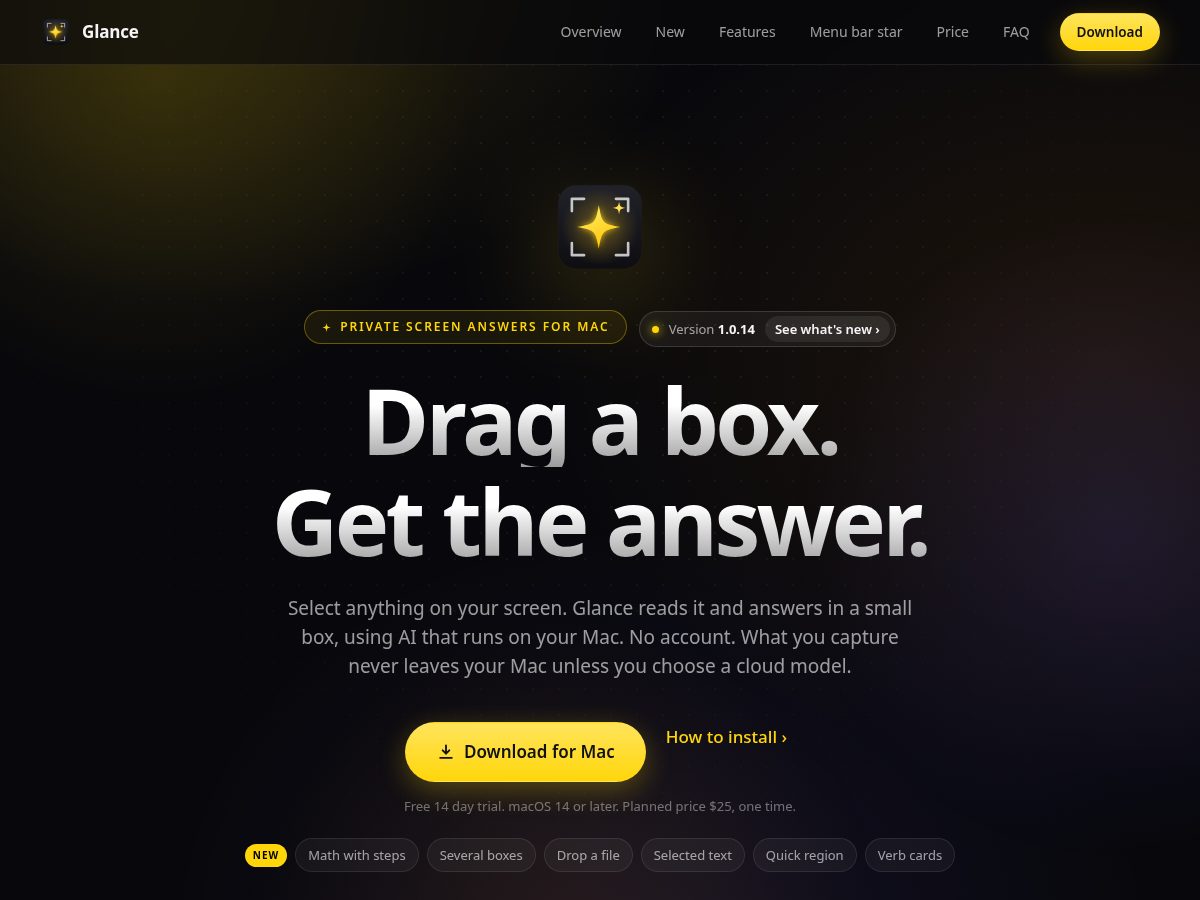 Landing-page snapshot of getglance.app