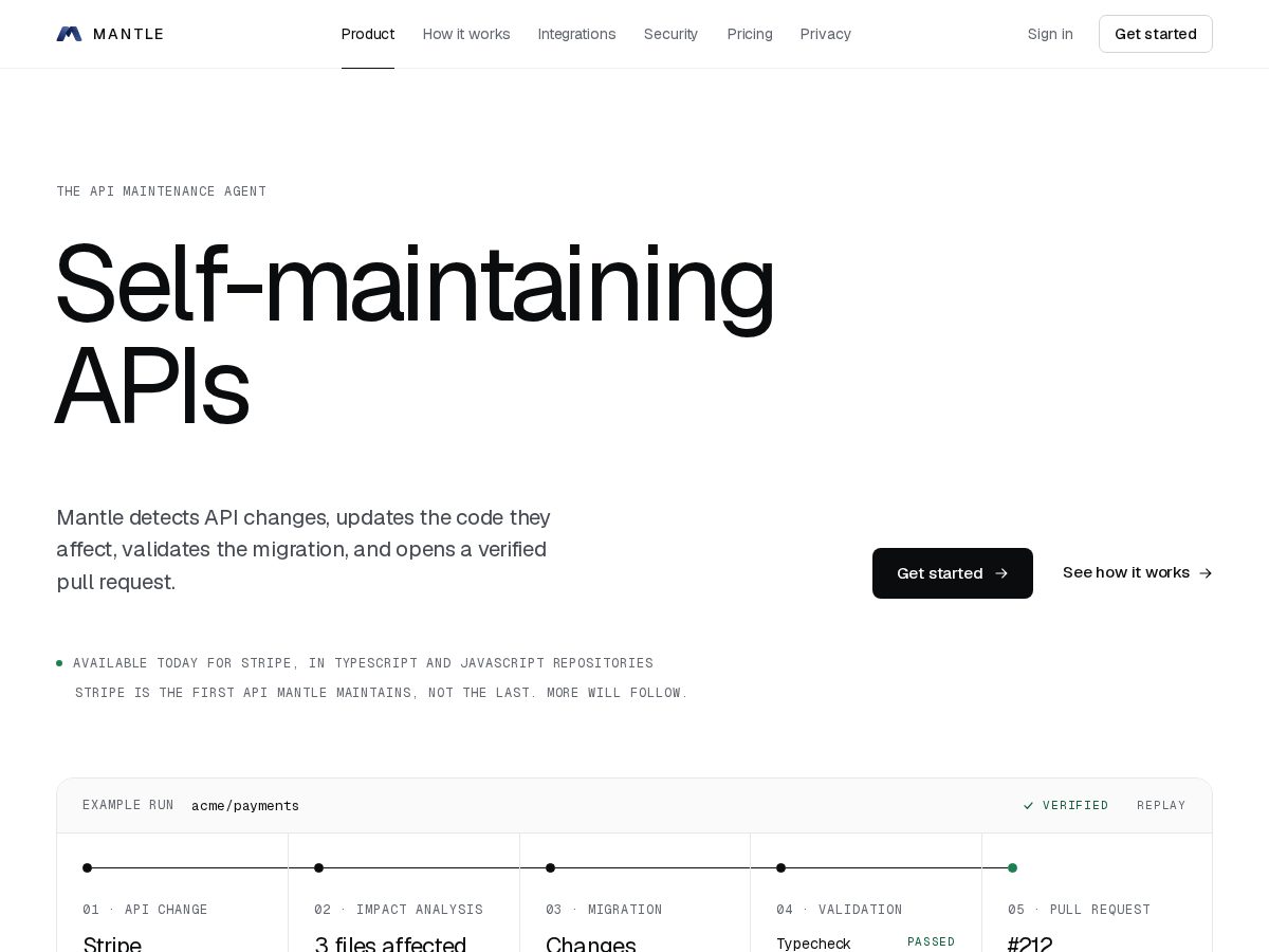 Landing-page snapshot of getmantle.dev