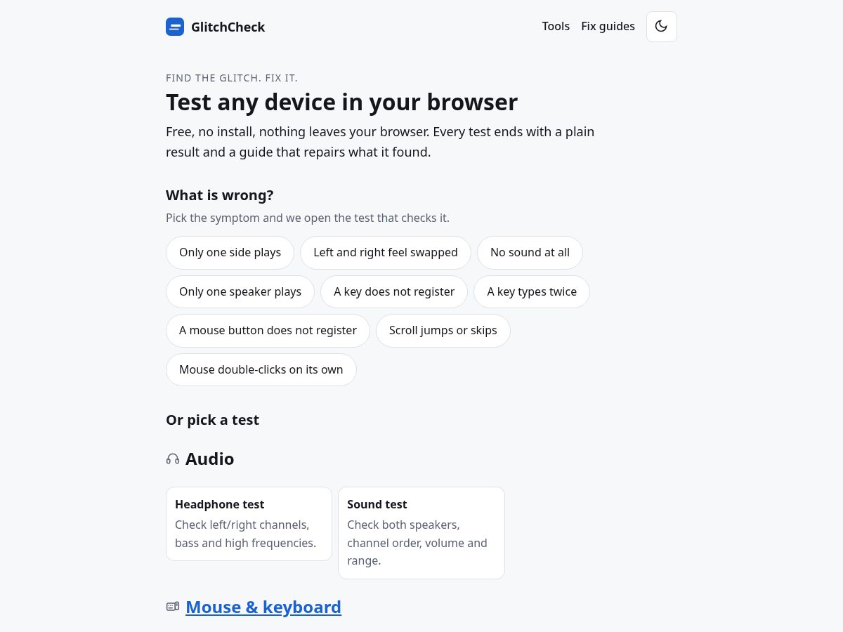 Landing-page snapshot of glitchcheck.com