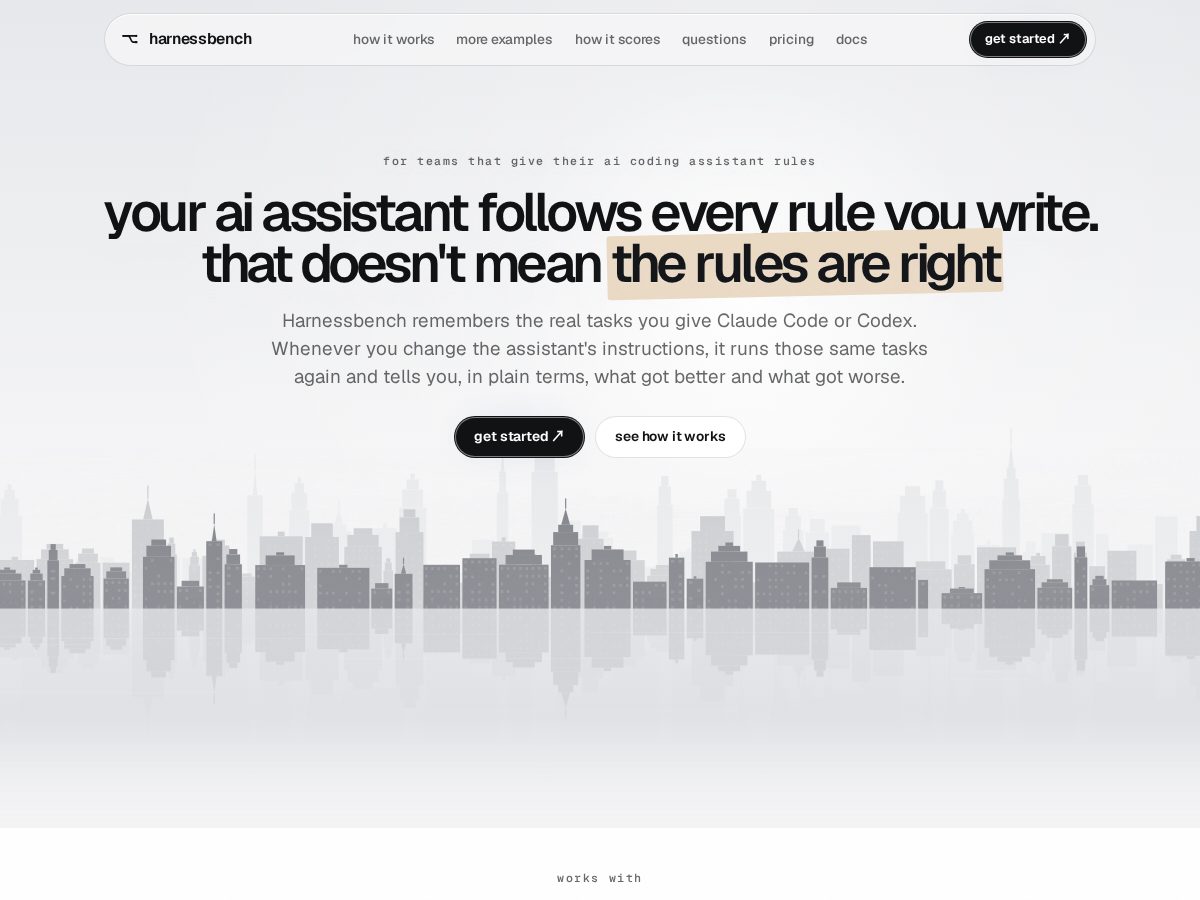 Landing-page snapshot of harnessbench.run