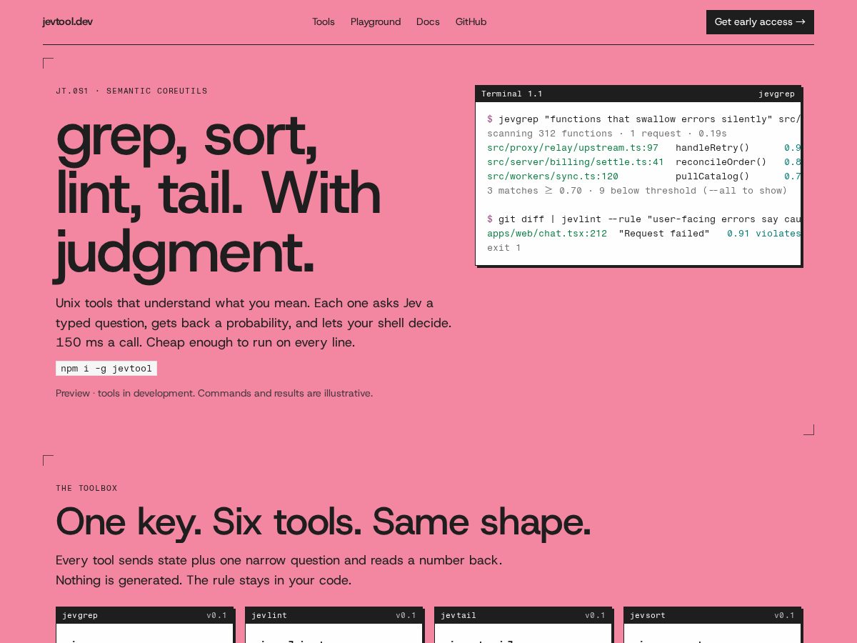Landing-page snapshot of jevtool.dev