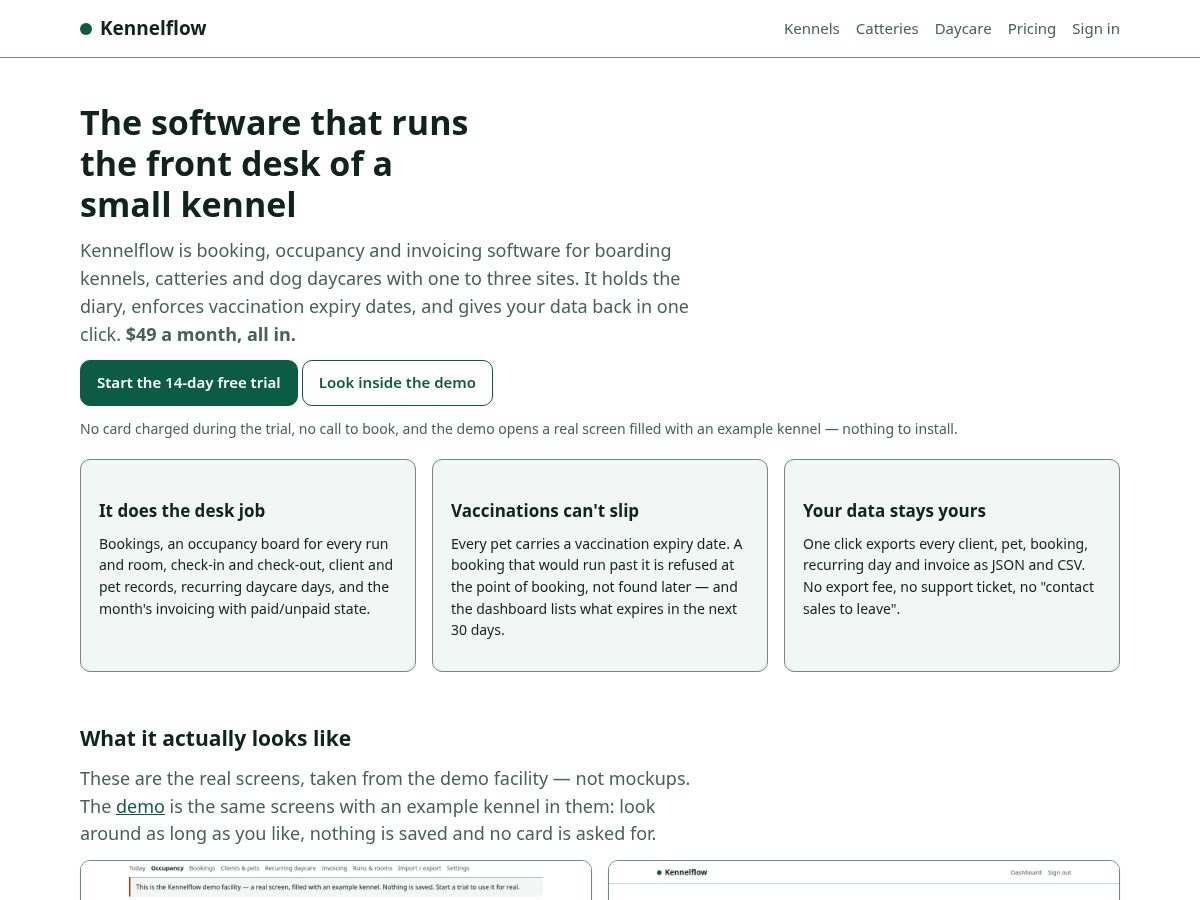 Landing-page snapshot of kennelflow.app