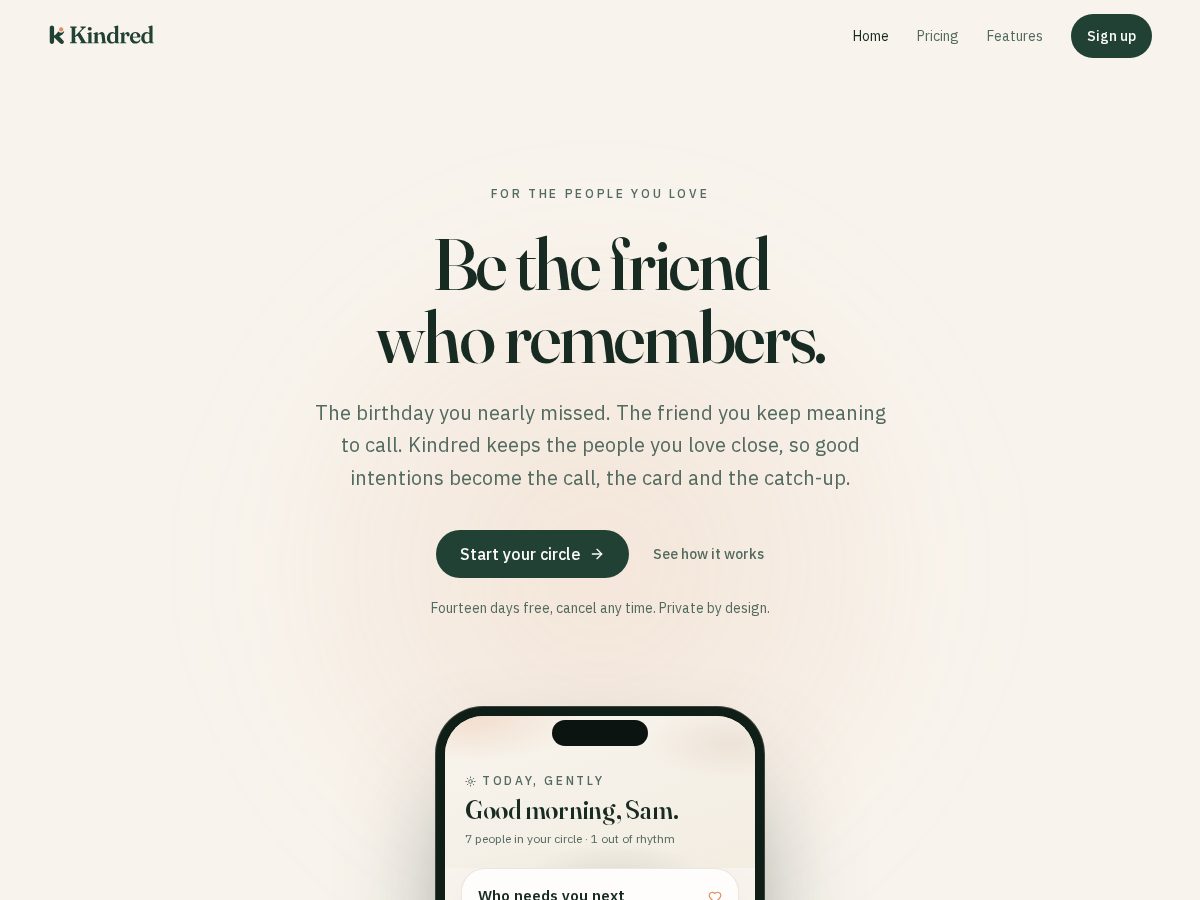 Landing-page snapshot of kindredme.com