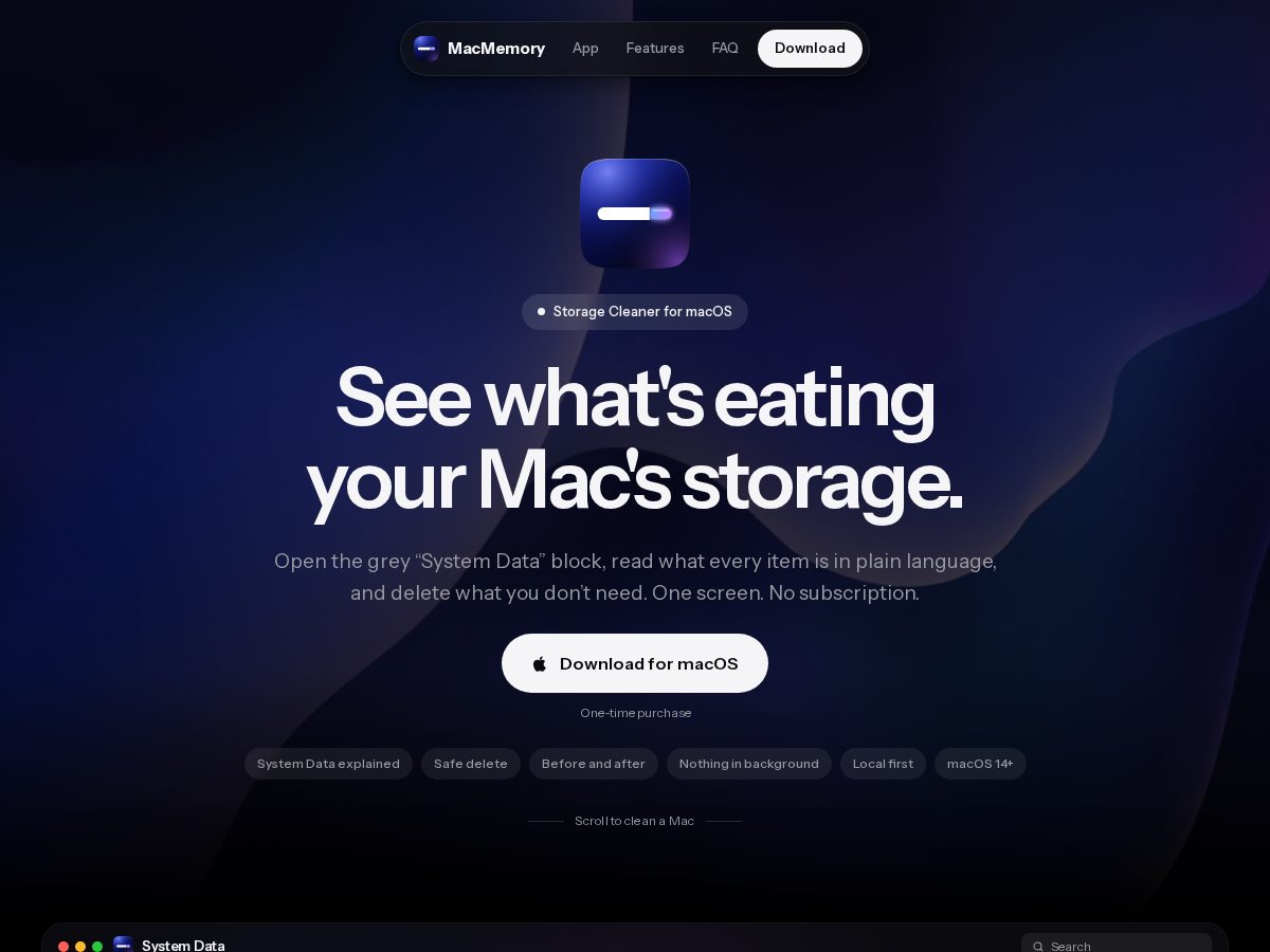 Landing-page snapshot of macmemory.app