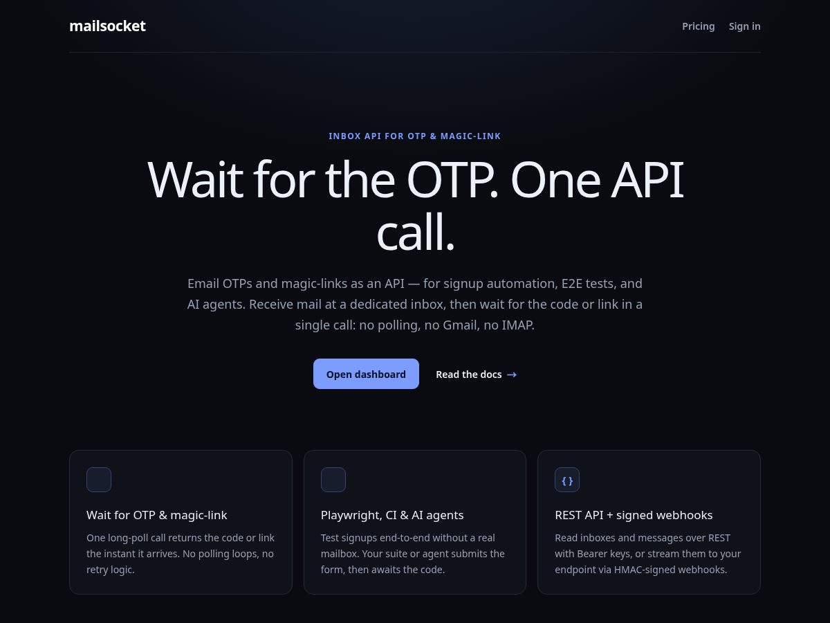 Landing-page snapshot of mailsocket.app
