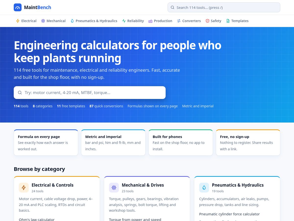 Landing-page snapshot of maintbench.com