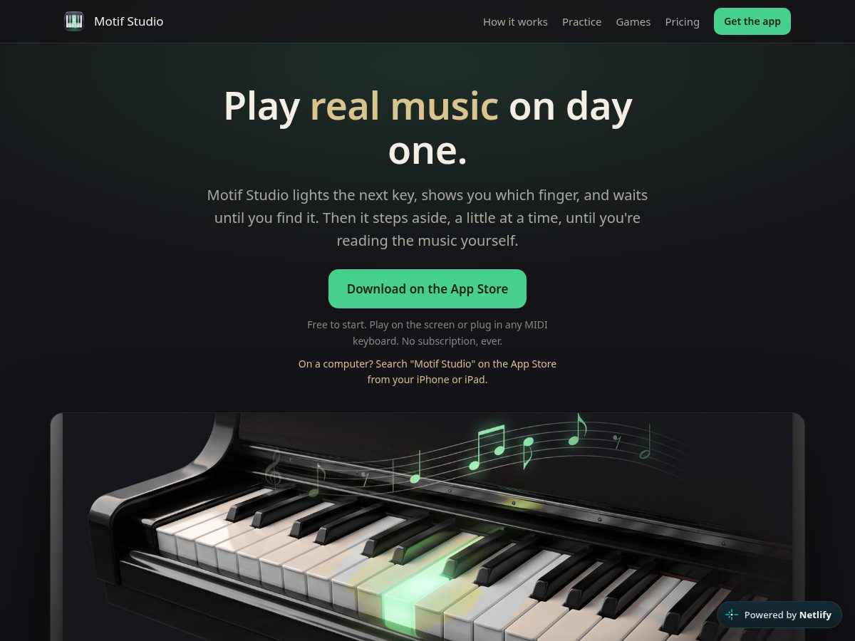 Landing-page snapshot of motifpiano.com