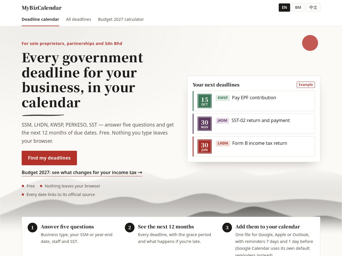 Landing-page snapshot of mybizcalendar.com