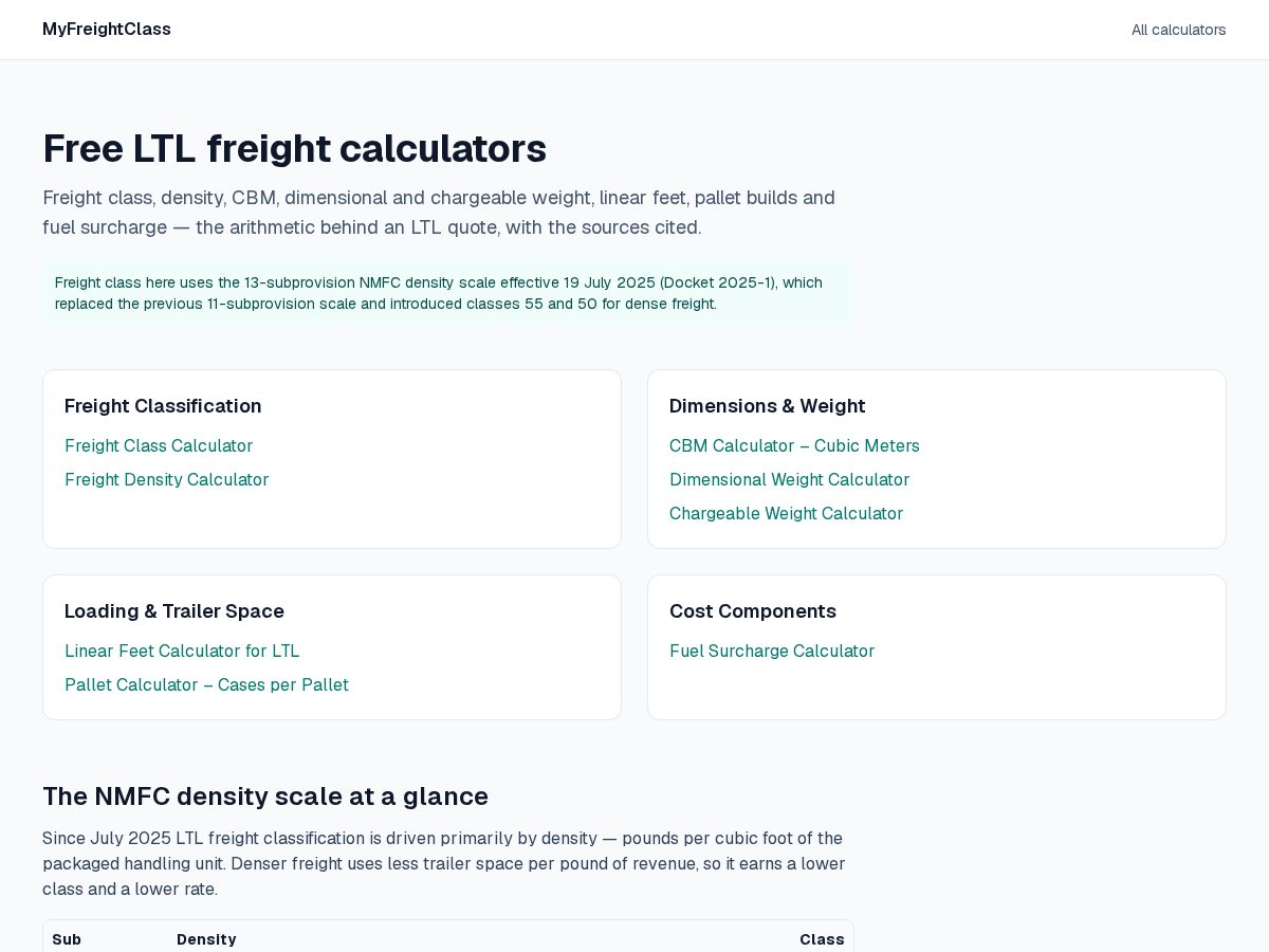 Landing-page snapshot of myfreightclass.com