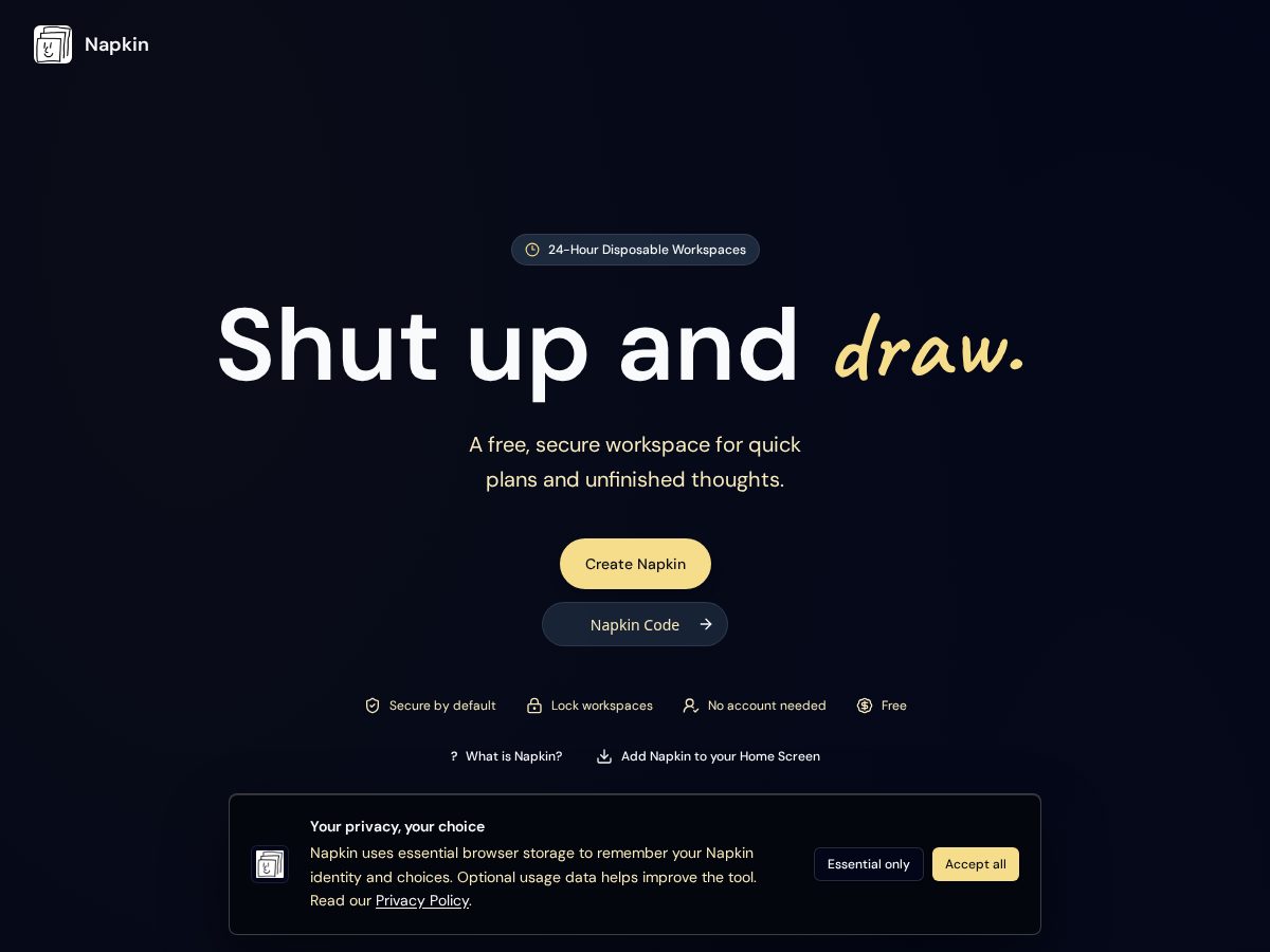 Landing-page snapshot of napkin.lol