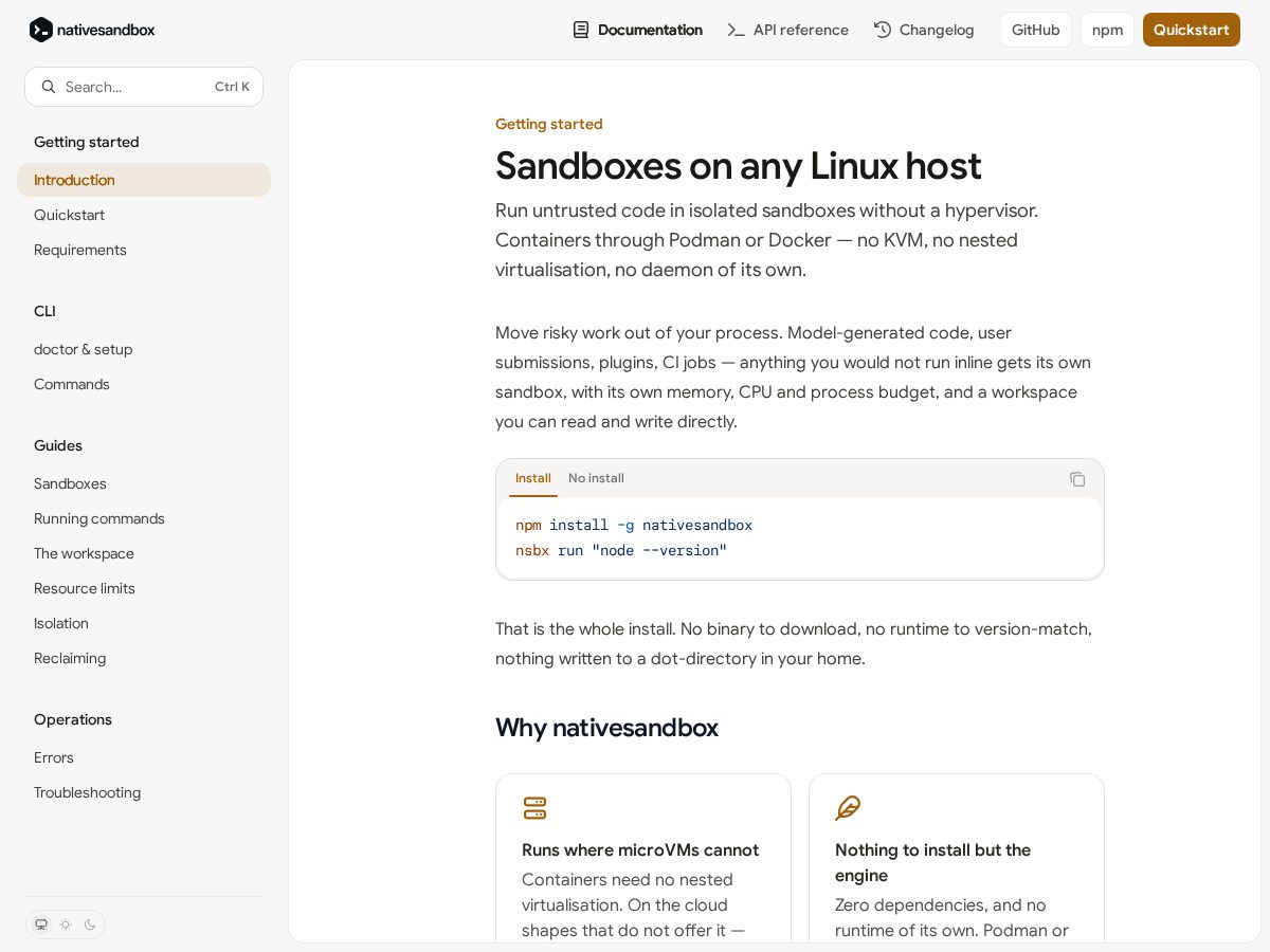 Landing-page snapshot of nativesandbox.dev