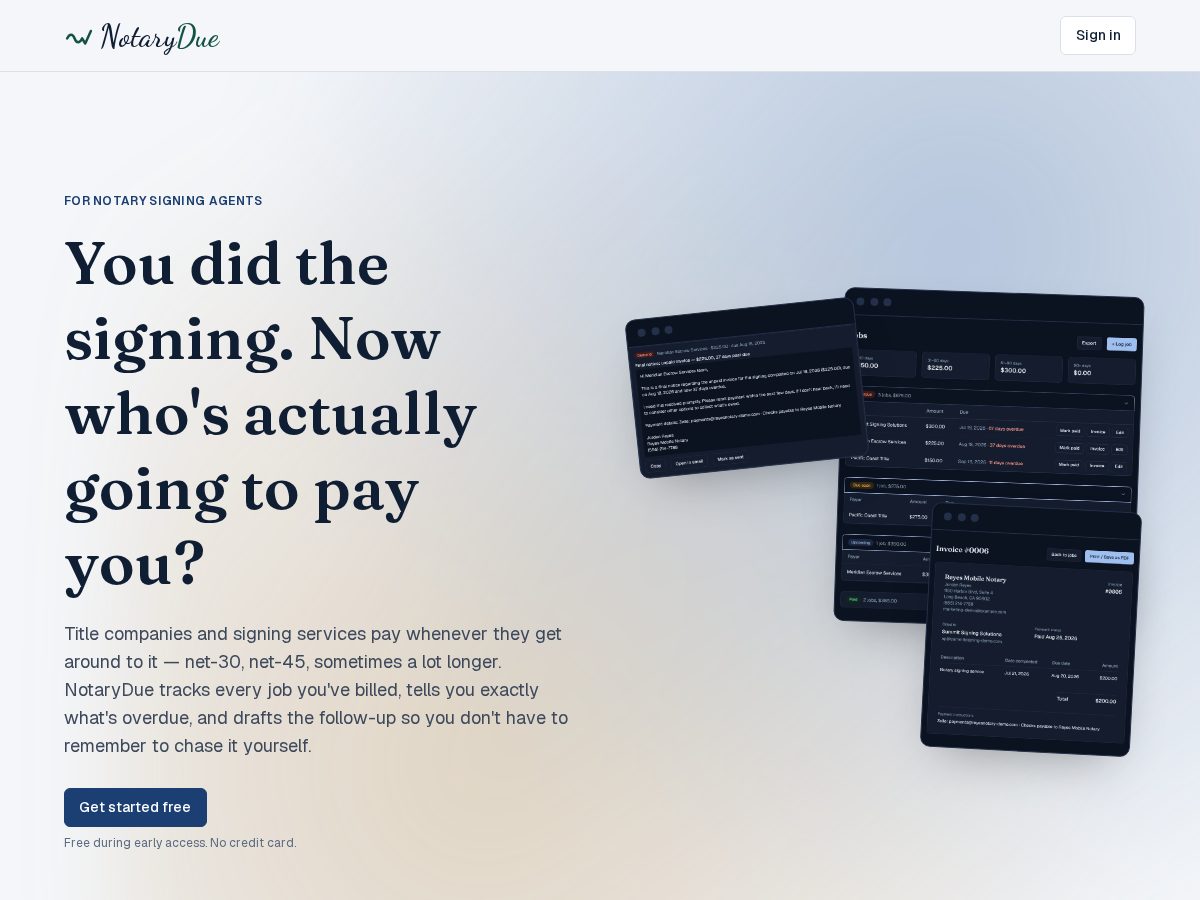 Landing-page snapshot of notarydue.com