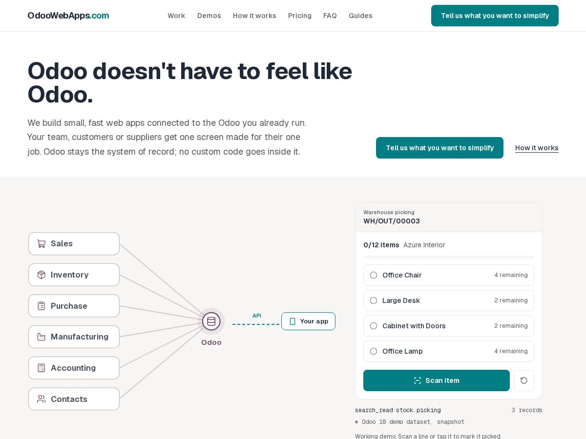 Landing-page snapshot of odoowebapps.com