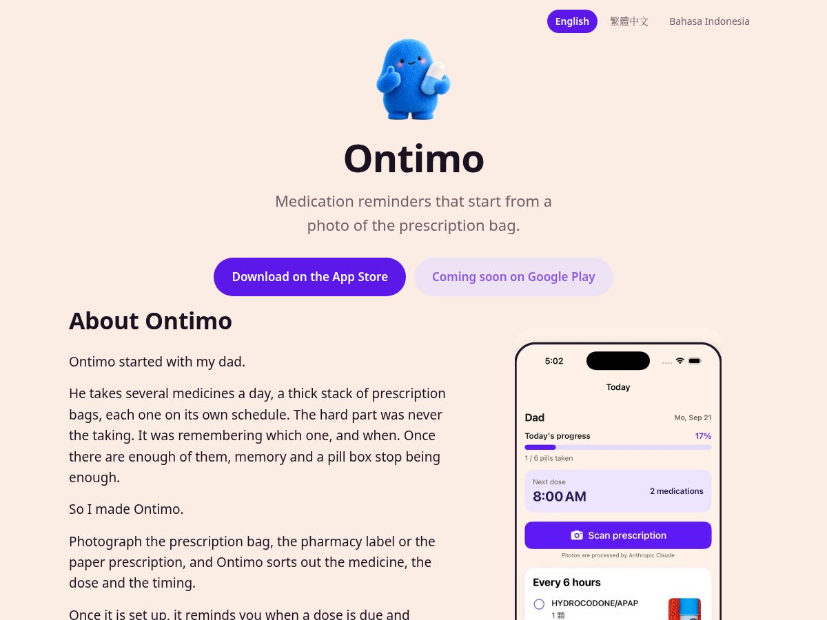 Landing-page snapshot of ontimoapp.com