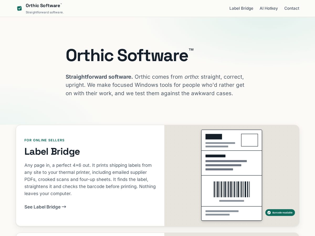 Landing-page snapshot of orthicsoftware.com