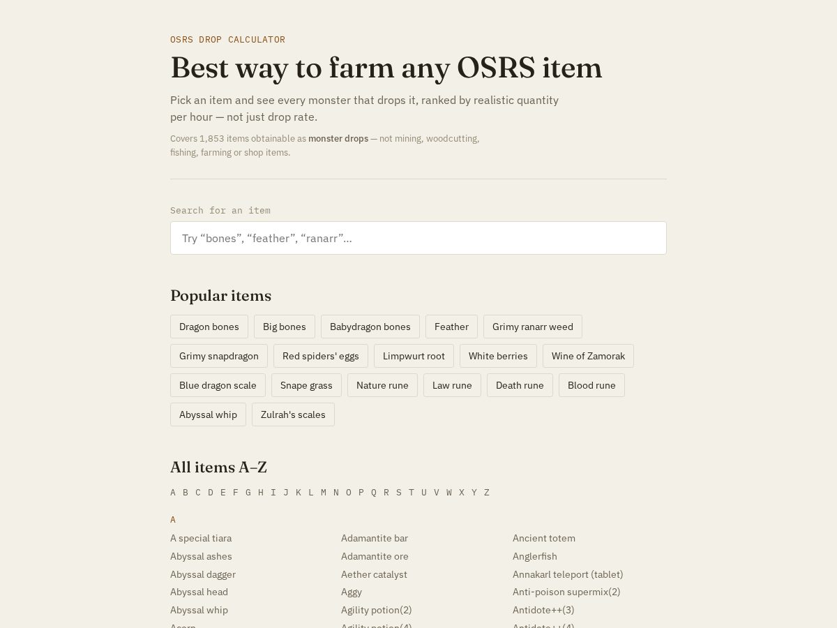 Landing-page snapshot of osrsdropcalculator.com