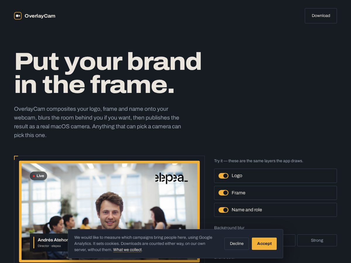 Landing-page snapshot of overlaycam.app