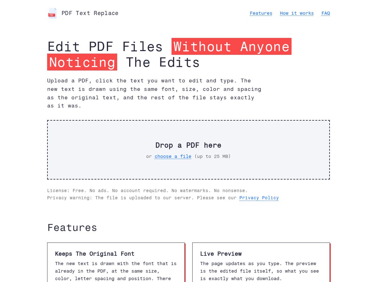 Landing-page snapshot of pdftextreplace.com