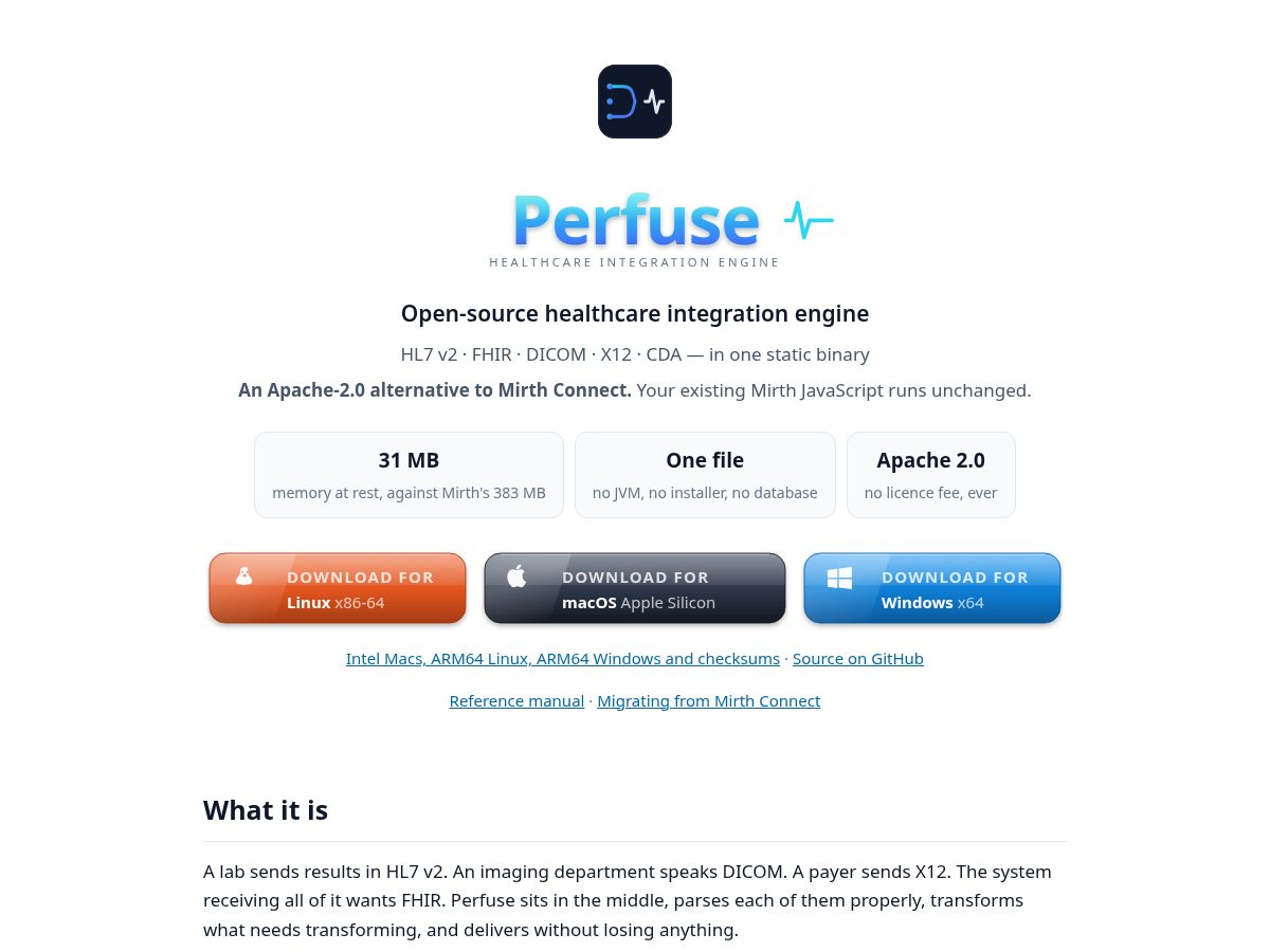 Landing-page snapshot of perfuse.health