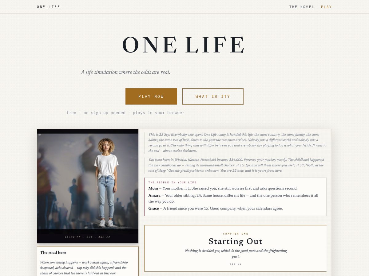 Landing-page snapshot of playonelifegame.com