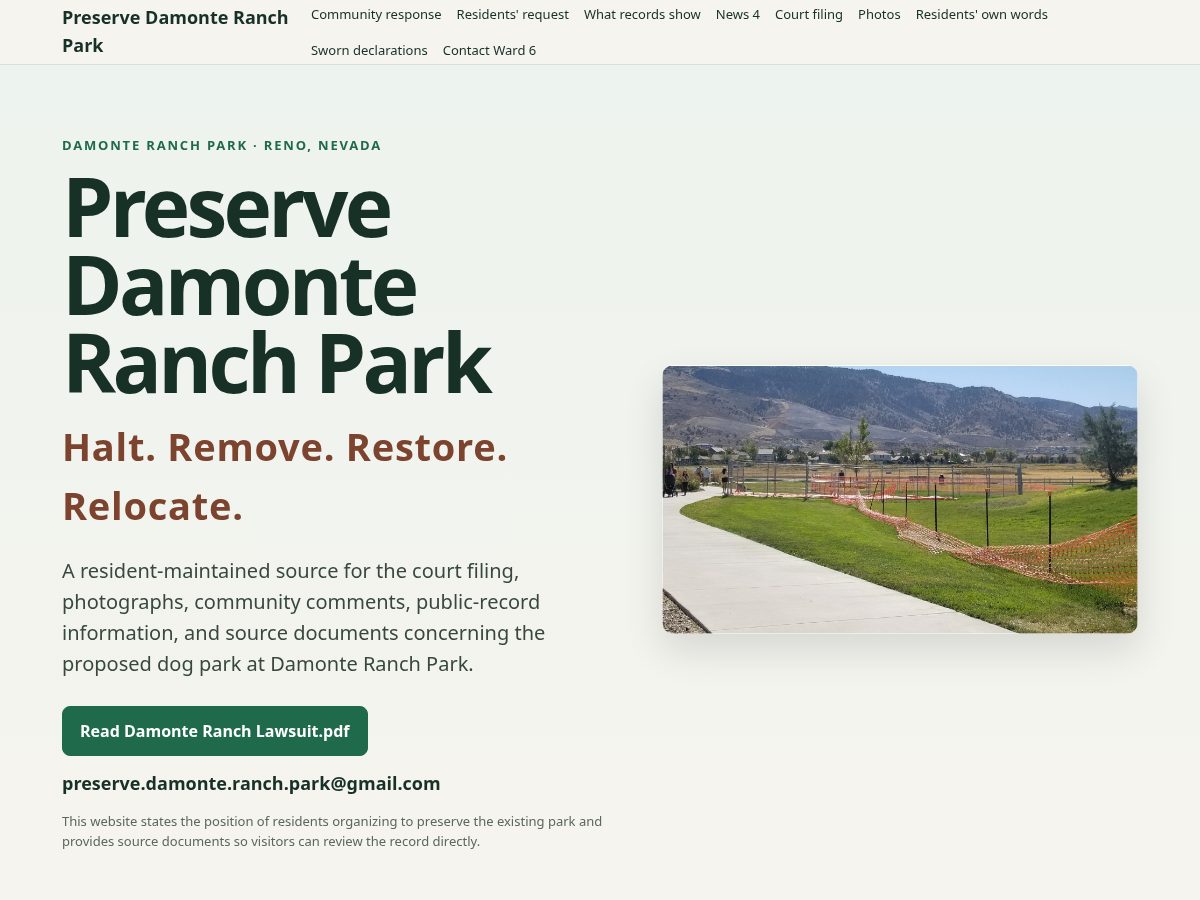 Landing-page snapshot of preservedamonteranchpark.org