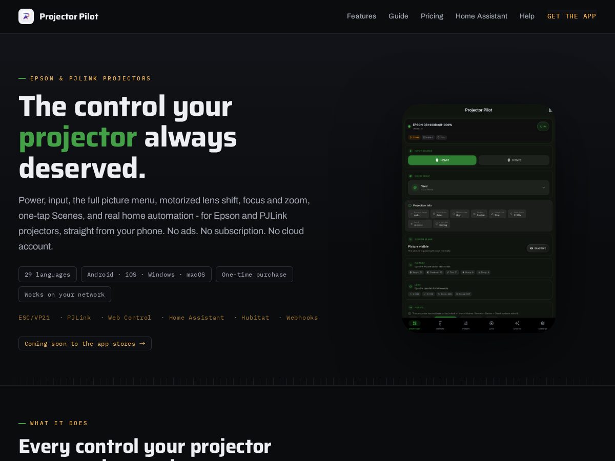 Landing-page snapshot of projectorpilot.com