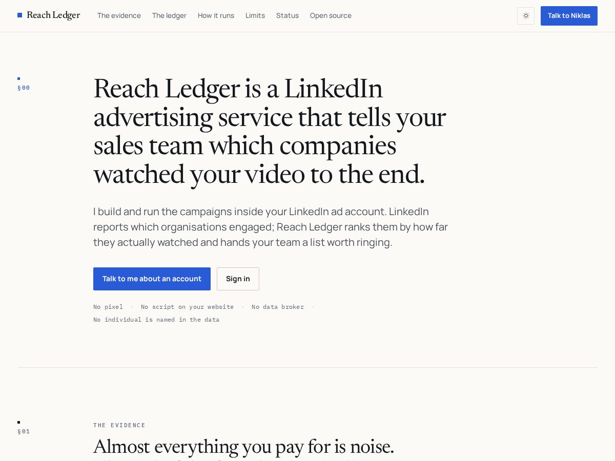 Landing-page snapshot of reach-ledger.org