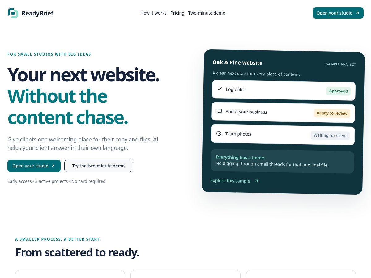 Landing-page snapshot of readybrief.app