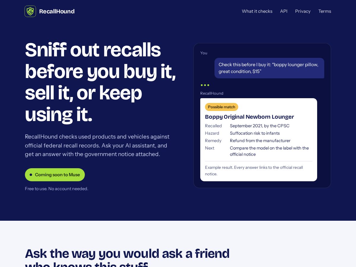 Landing-page snapshot of recallhound.app