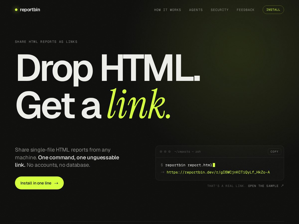 Landing-page snapshot of reportbin.dev