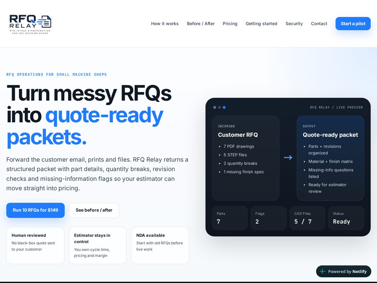 Landing-page snapshot of rfqrelay.com