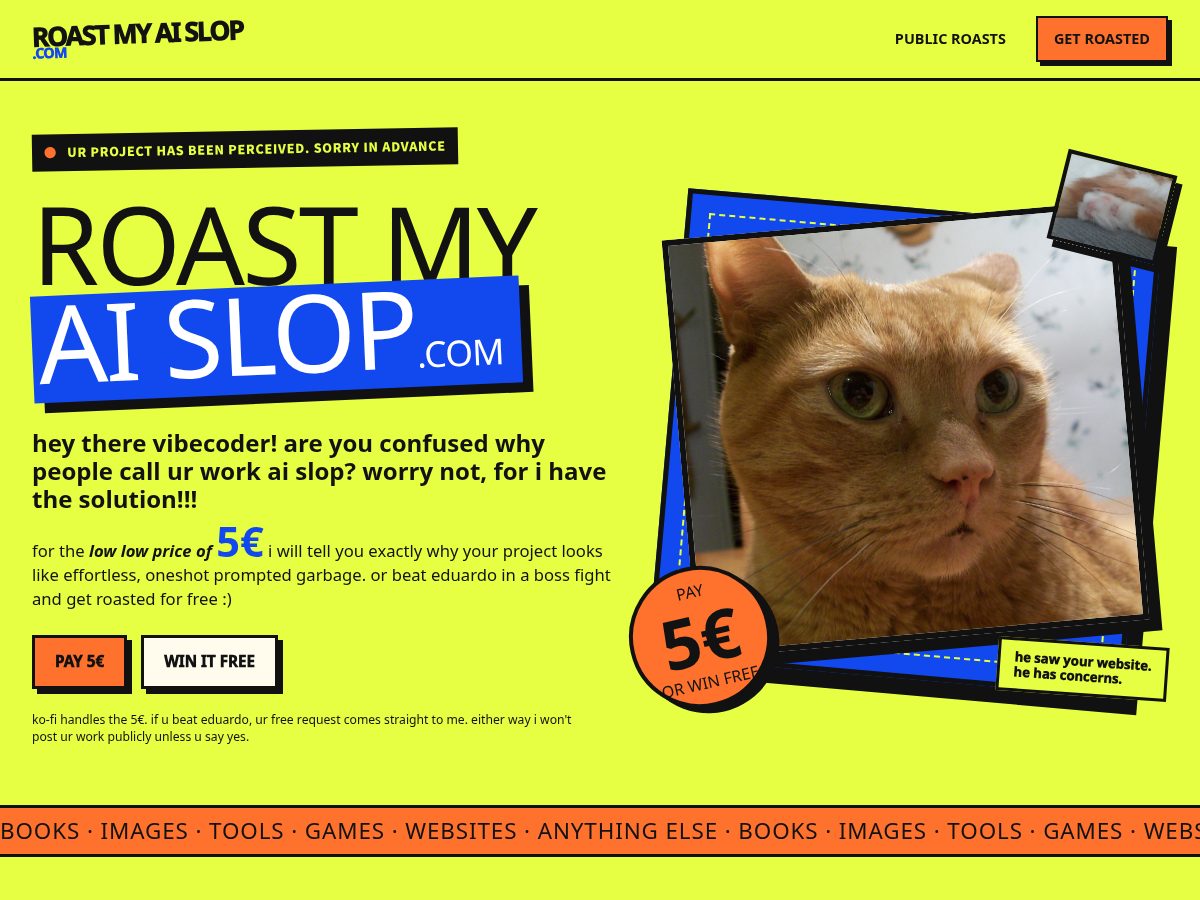 Landing-page snapshot of roastmyaislop.com