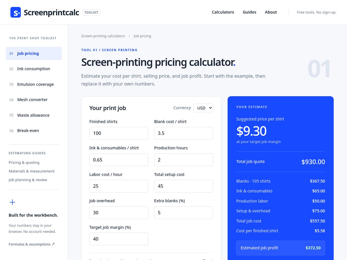 Landing-page snapshot of screenprintcalc.com