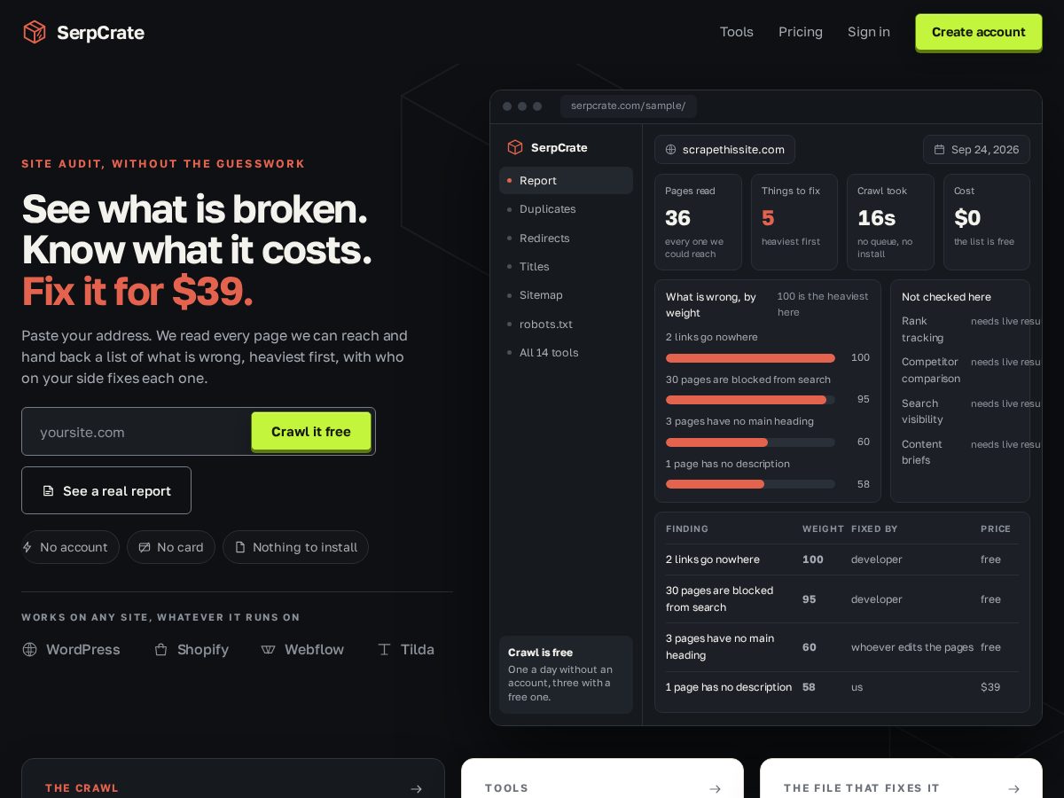 Landing-page snapshot of serpcrate.com
