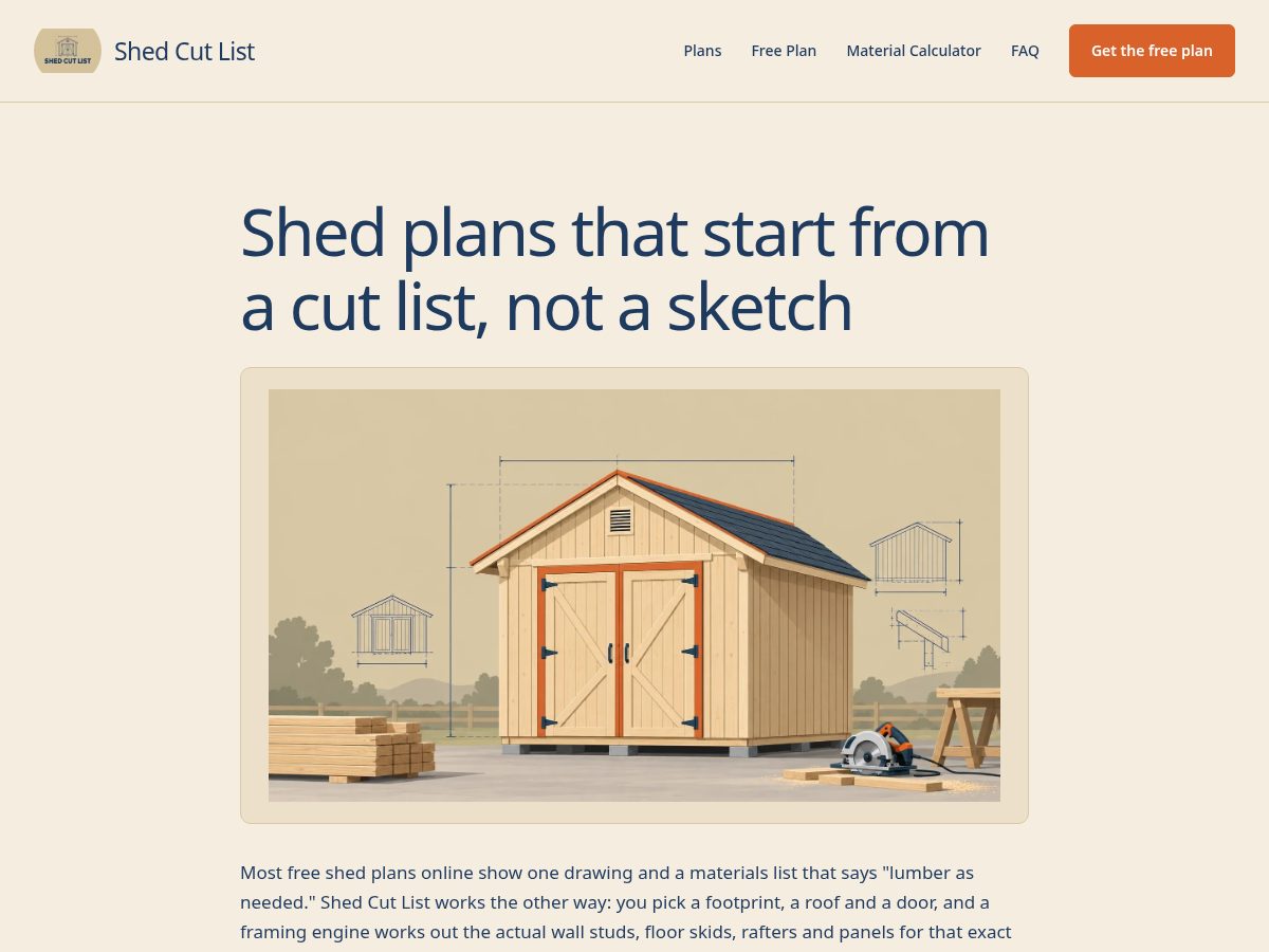 Landing-page snapshot of shedcutlist.com