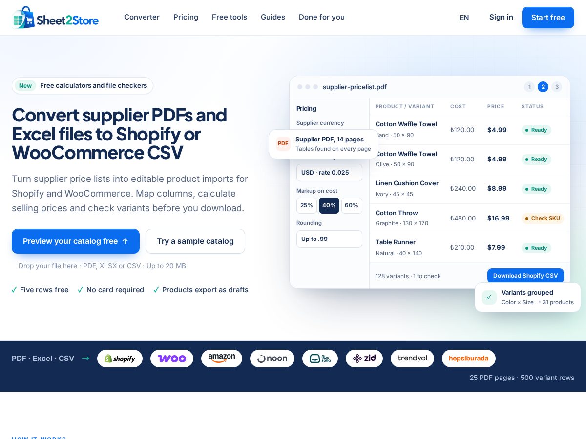 Landing-page snapshot of sheet2store.com