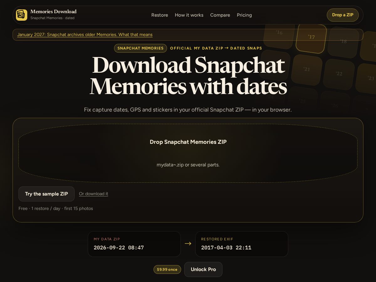 Landing-page snapshot of snapchatmemoriesdownload.com