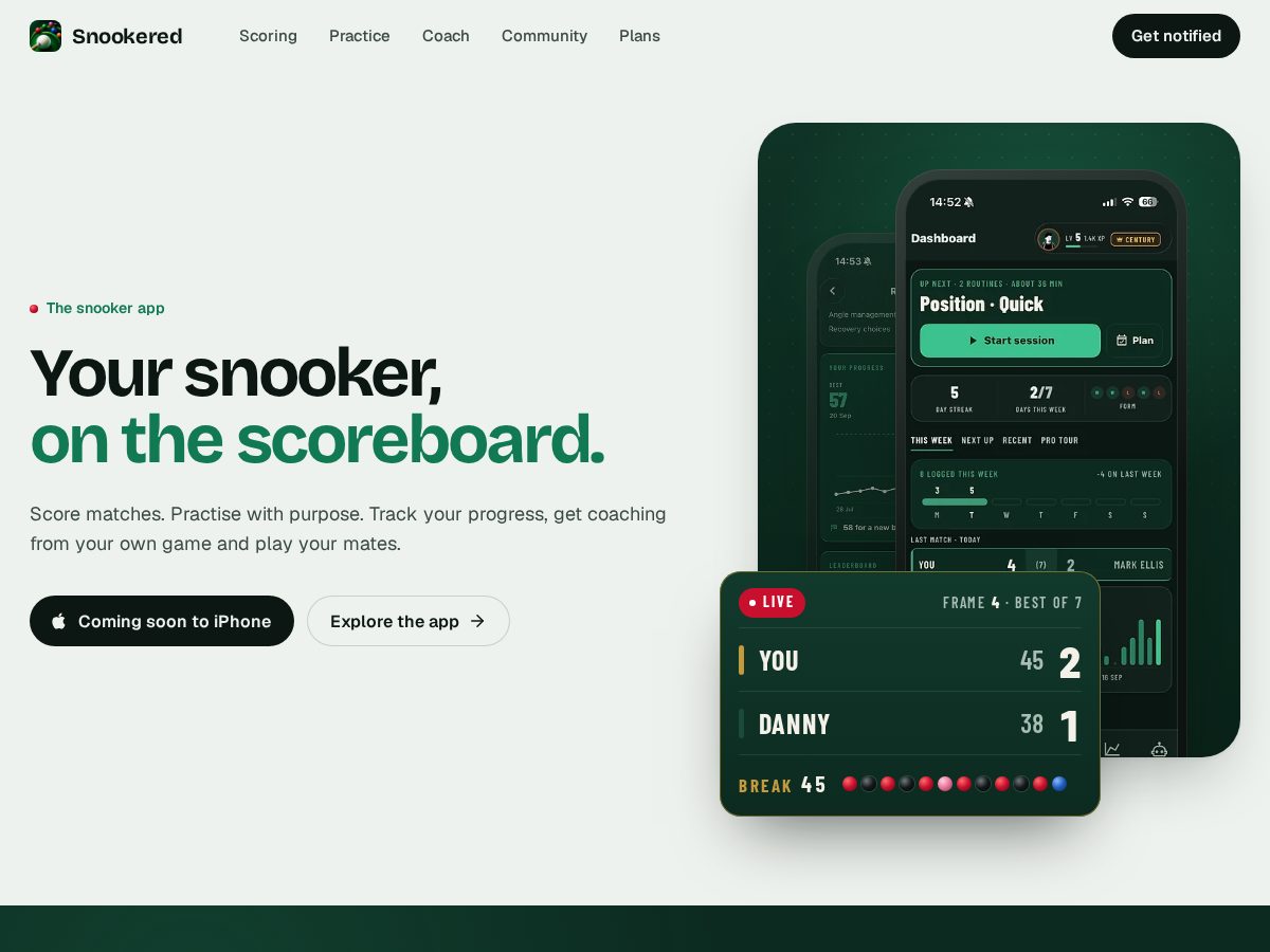 Landing-page snapshot of snookeredapp.com