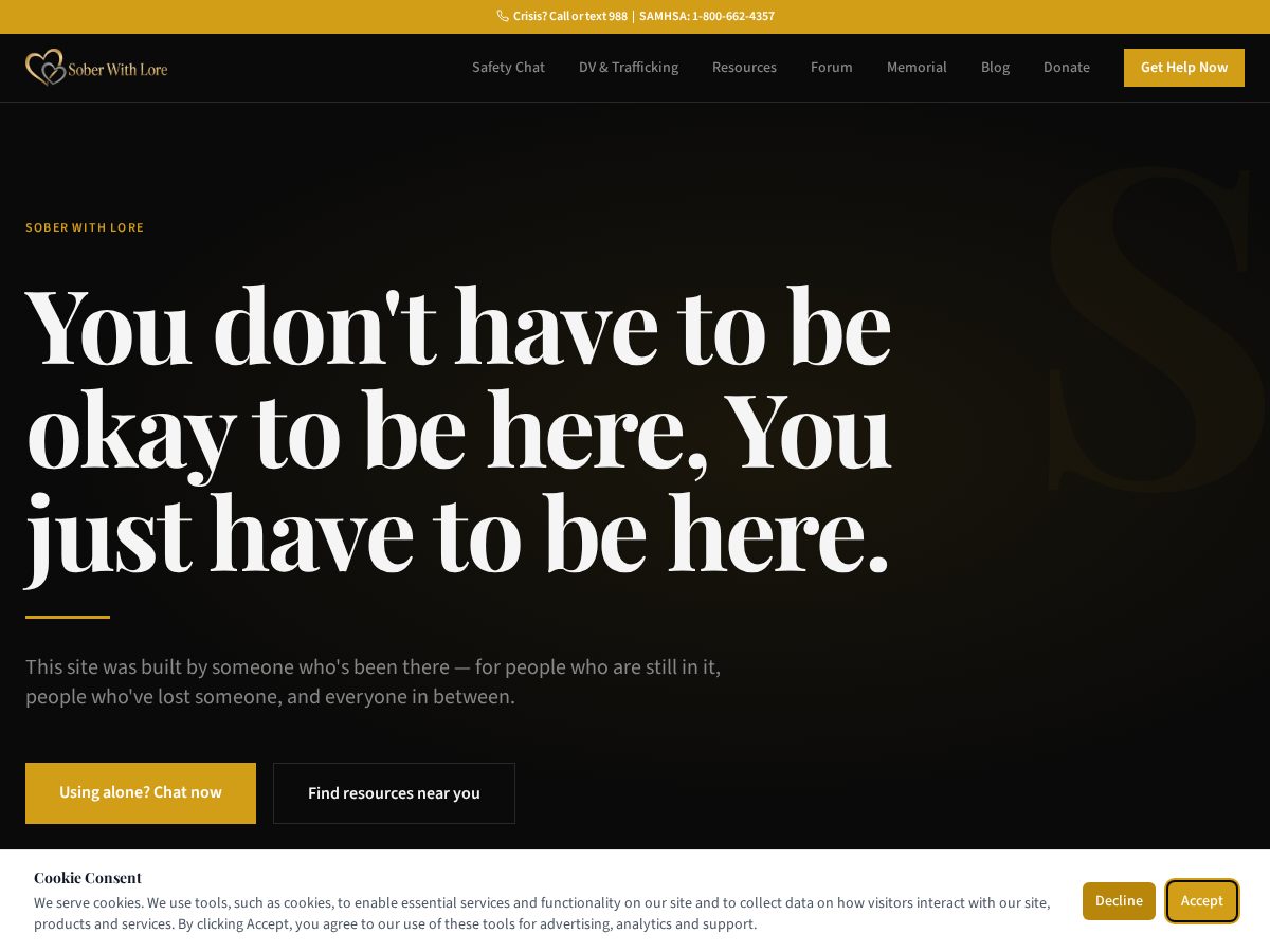 Landing-page snapshot of soberwithlore.com