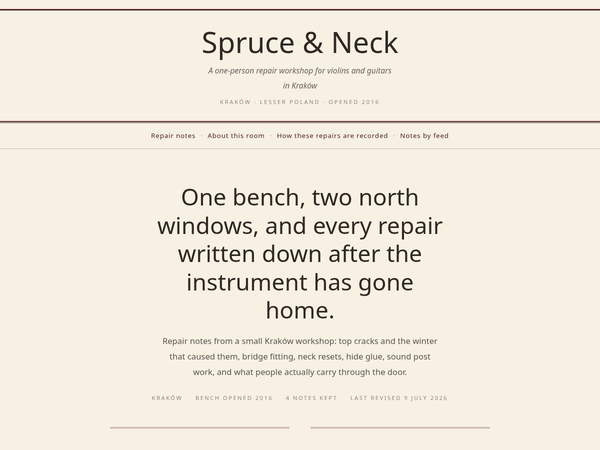 Landing-page snapshot of spruceneckluthier.com