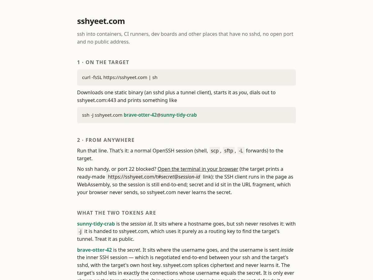 Landing-page snapshot of sshyeet.com