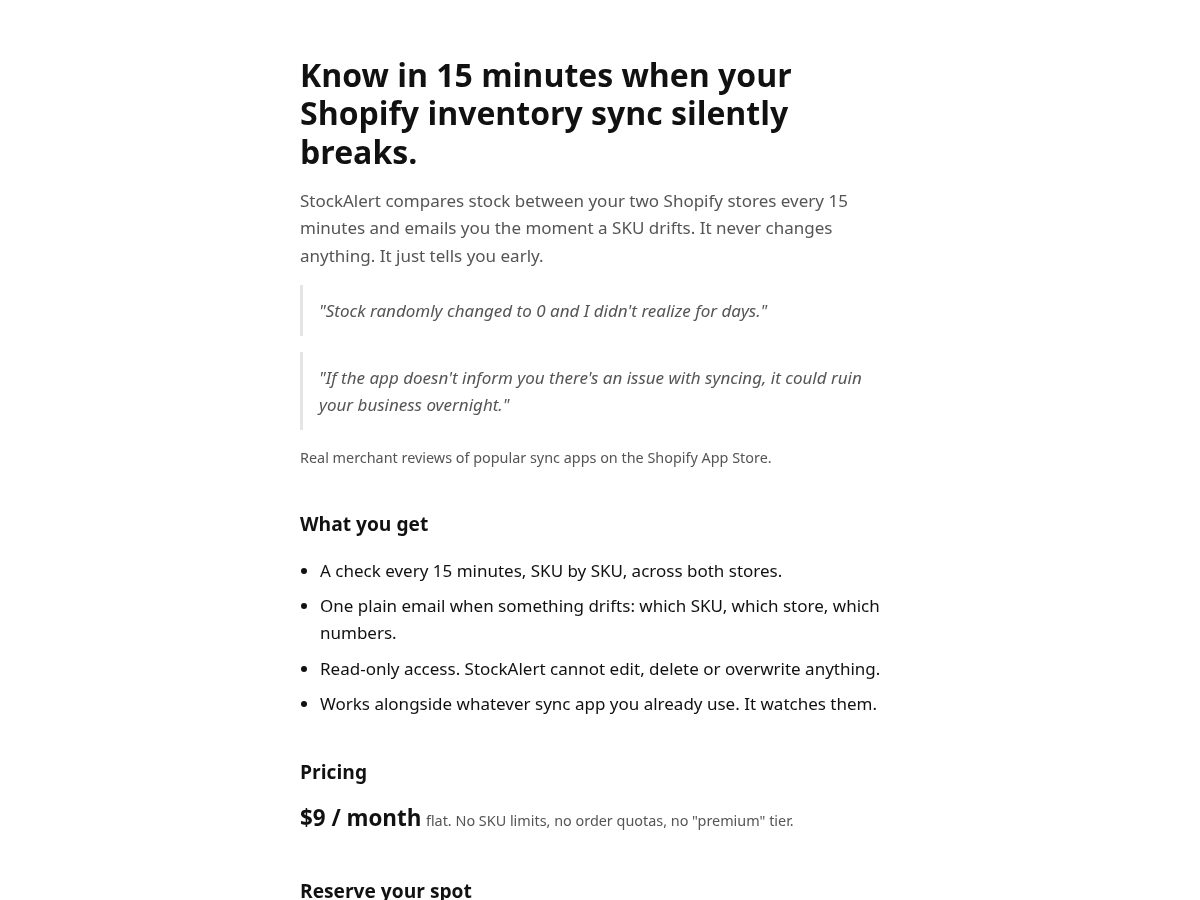 Landing-page snapshot of stockalert.shop