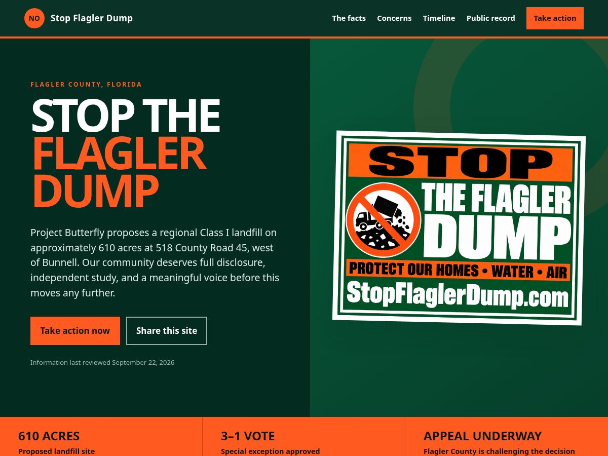 Landing-page snapshot of stopflaglerdump.com