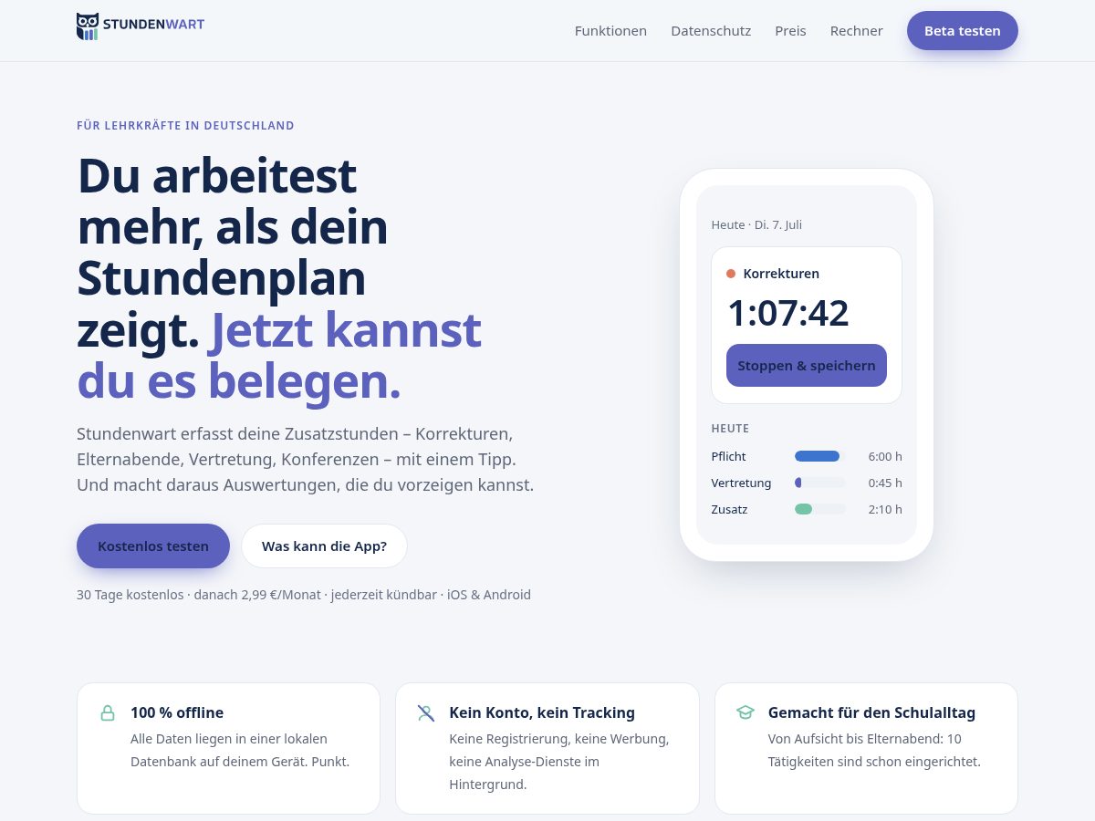 Landing-page snapshot of stundenwart.app