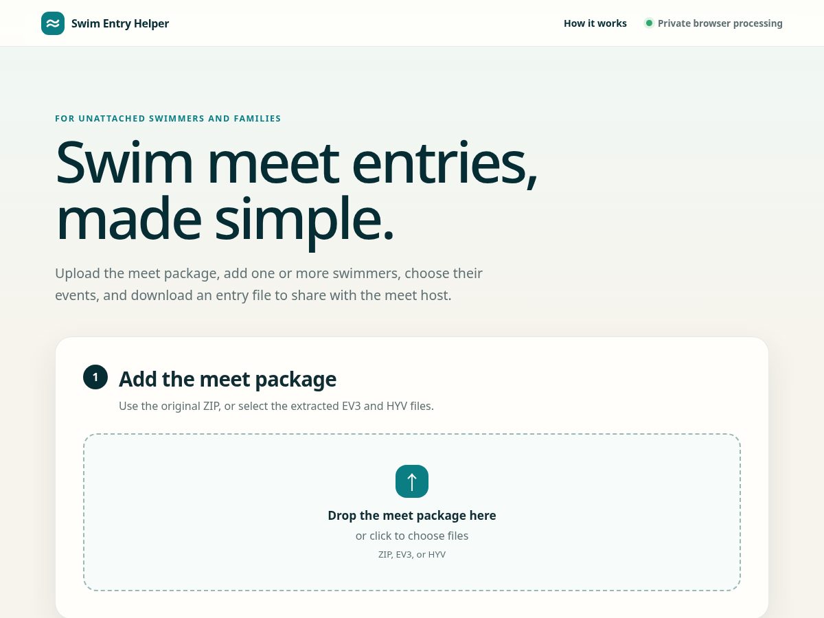 Landing-page snapshot of swimentryhelper.com