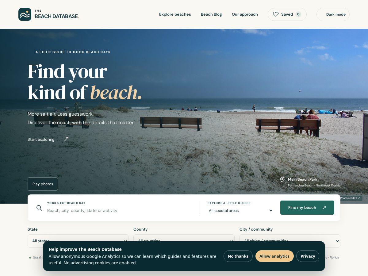 Landing-page snapshot of thebeachdatabase.com
