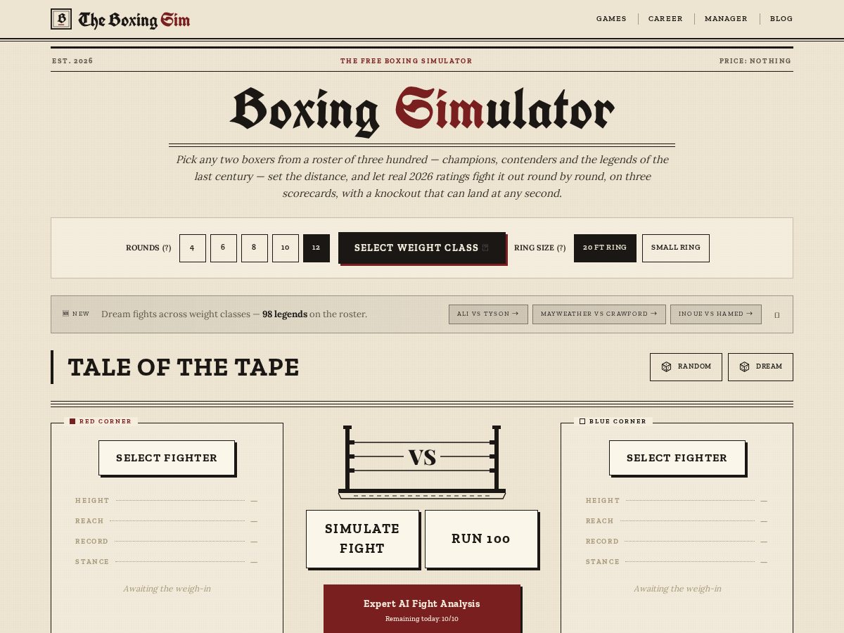 Landing-page snapshot of theboxingsim.com