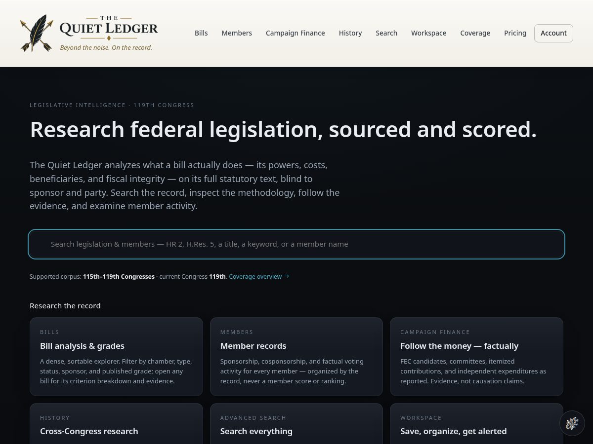 Landing-page snapshot of thequietledger.org