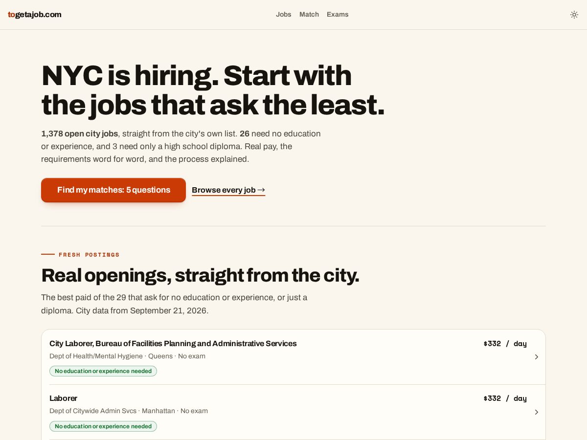 Landing-page snapshot of togetajob.com