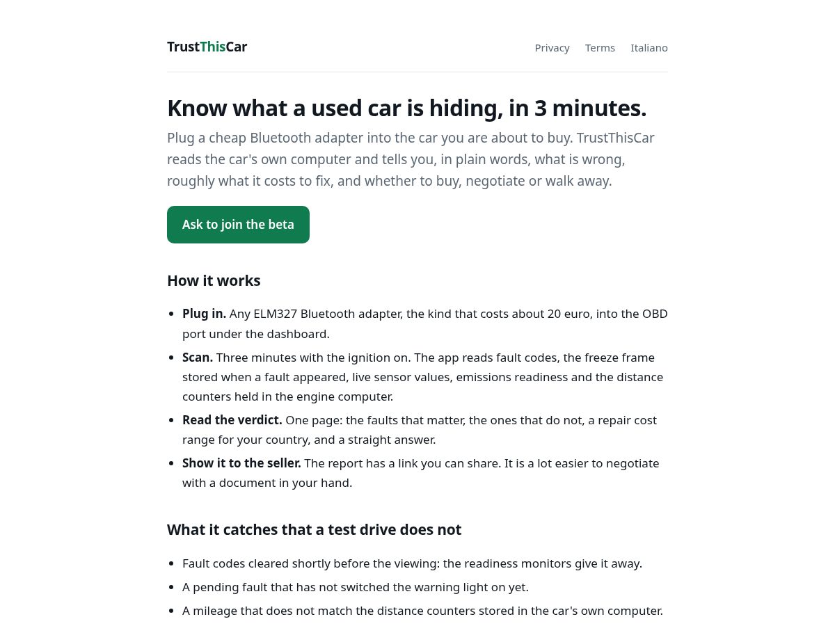 Landing-page snapshot of trustthiscar.com